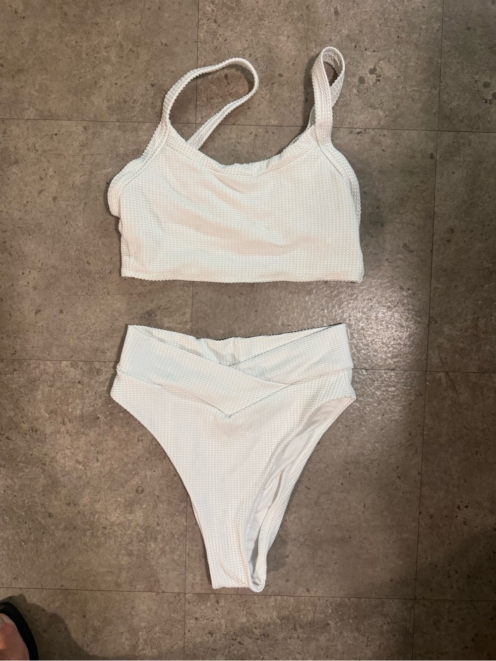 aerie White Textured Bikini Top and High-Waist Bottoms